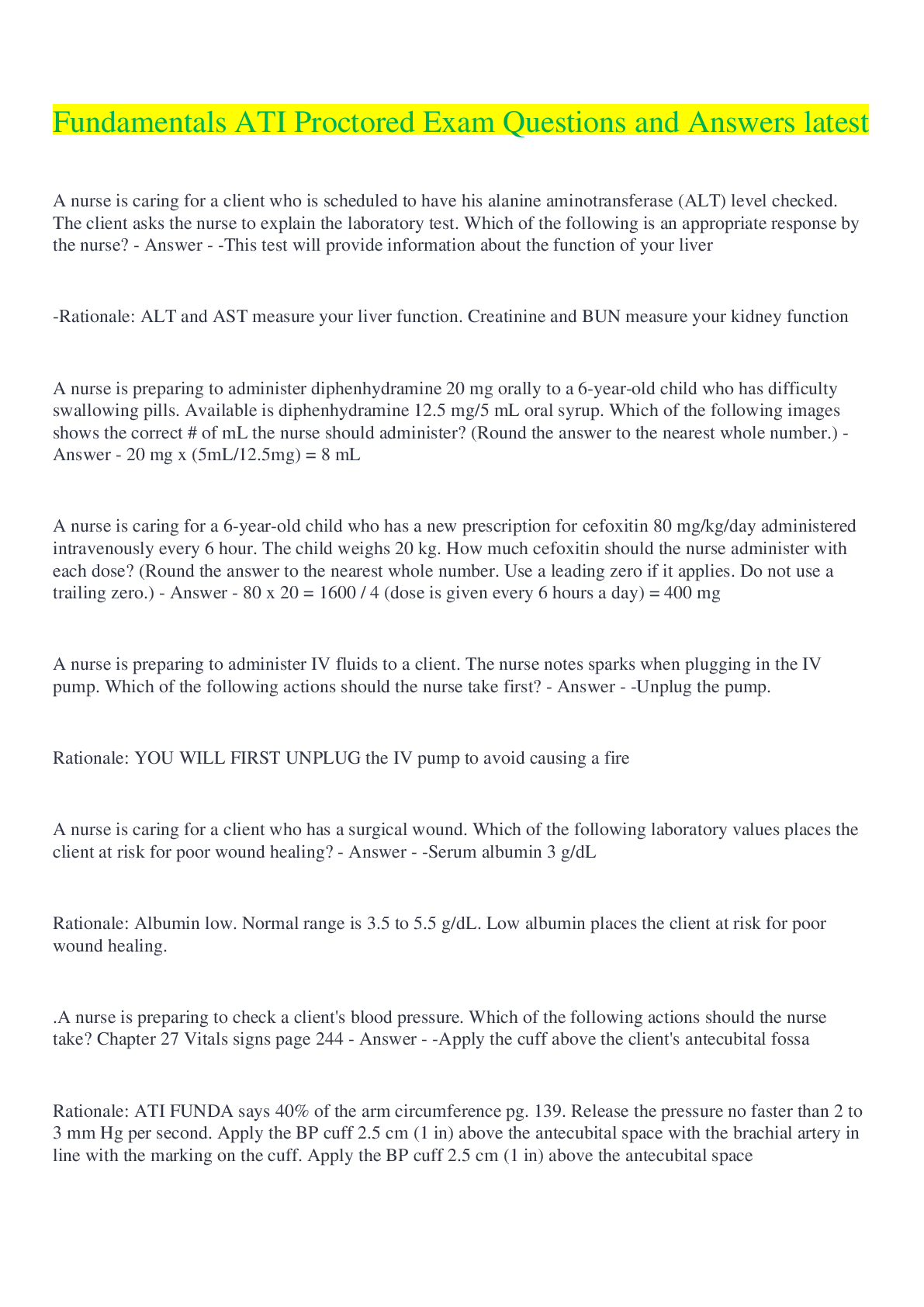 Preview image for Fundamentals ATI Proctored Exam Questions and Answers  latest